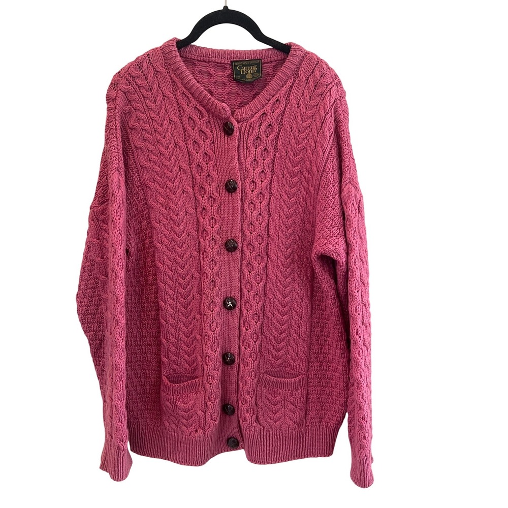 Carraig Donn Merino Wool Cable Knit Cardigan Pink Size M Ireland Pockets Buttons